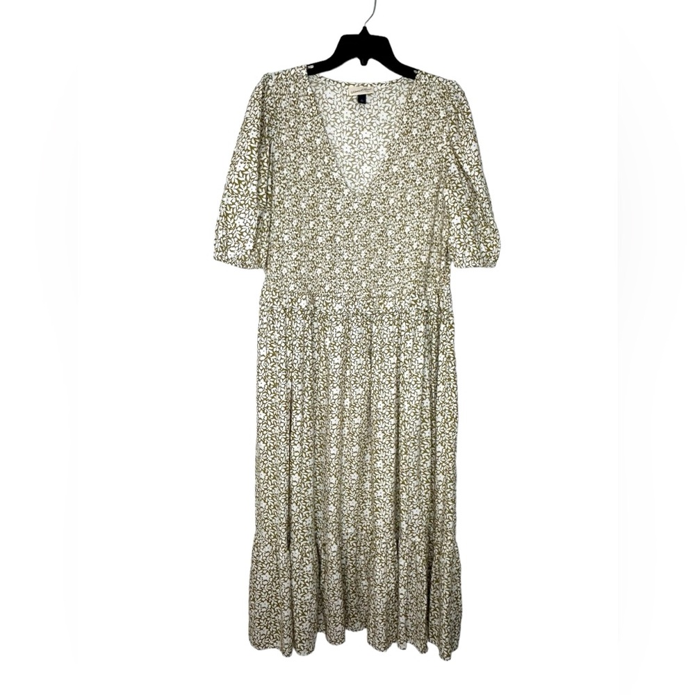 Universal Threads Smocked Floral Maxi dress Sz L Olive Green Puff sleeves EUC